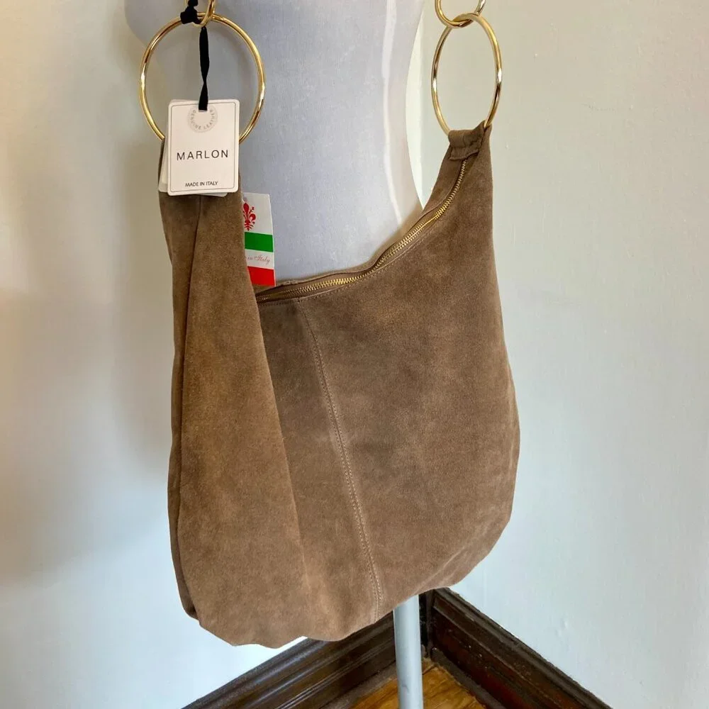 Marlon Borsa Art Rosita Italy Suede Leather Rings Taupe Hobo Tan Slouchy NEW - Picture 2 of 14